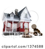 3d Brown Man Banging A Gavel In Front Of A House Up For Auction On A White Background