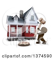 3d Brown Man Banging A Gavel In Front Of A Home For Auction On A White Background