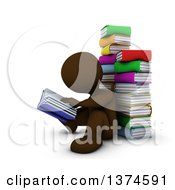 Poster, Art Print Of 3d Brown Man Reading Sitting On The Floor And Leaning Back Against A Stack Of Books On A White Background