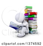 Poster, Art Print Of 3d White Man Reading Sitting On The Floor And Leaning Back Against A Stack Of Books On A White Background