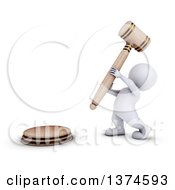3d White Man Auctioneer Or Judge Banging A Giant Gavel On A White Background