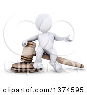 3d White Man Auctioneer Or Judge Sitting On A Giant Gavel On A White Background