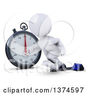 Poster, Art Print Of 3d White Man Runner Taking Off On Starting Blocks By A Giant Stop Watch On A White Background