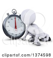 Poster, Art Print Of 3d White Man Runner On Starting Blocks By A Giant Stop Watch On A White Background