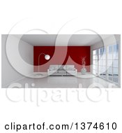 Poster, Art Print Of 3d White Room Interior With Floor To Ceiling Windows A Red Feature Wall And Furniture
