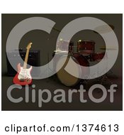 Clipart Of A 3d Electric Guitar Amplifier And Drum Set Royalty Free Illustration by KJ Pargeter