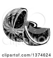 Clipart Of A Black And White Vintage Woodcut Watermelon With A Wedge Royalty Free Vector Illustration
