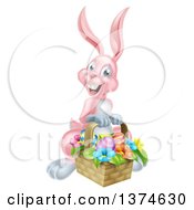 Poster, Art Print Of Happy Pink Easter Bunny Rabbit With A Basket Of Eggs And Flowers