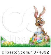Poster, Art Print Of Happy Brown Easter Bunny Rabbit With A Basket Of Eggs And Flowers In The Grass With White Text Space