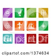 White Christian Icons On Colorful Tiles