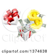 Poster, Art Print Of 3d Gold Dollar Currency Symbol And Cash Money Popping Out Of A Gift Box