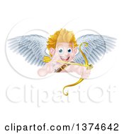 Poster, Art Print Of Happy Blond Caucasian Valentines Day Cupid Aiming A Gold Heart Arrow With His Bow Over A Sign