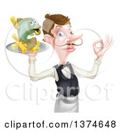 Poster, Art Print Of White Male Waiter With A Curling Mustache Holding Fish And A French Fry Character On A Tray And Gesturing Okay