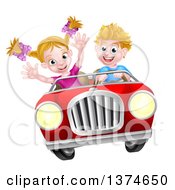 Poster, Art Print Of Blond White Boy Driving A Girl In A Red Convertible Car Catching Air