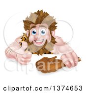 Poster, Art Print Of Cartoon Muscular Happy Caveman Holding A Club And Giving A Thumb Up Over A Sign