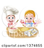 Poster, Art Print Of Cartoon Happy White Girl And Boy Making Frosting And Star Shaped Cookies