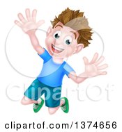 Poster, Art Print Of Happy Brunette White Boy Jumping With Excitement And Joy