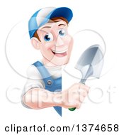 Poster, Art Print Of Happy Middle Aged Brunette White Male Gardener In Blue Holding A Shovel Around A Sign