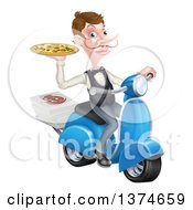 White Male Waiter With A Curling Mustache Holding A Pizza On A Scooter