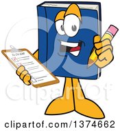 Poster, Art Print Of Blue Book Mascot Character Holding A Checklist On A Clip Board And A Pencil