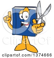 Blue Book Mascot Character Holding Up A Finger And A Pair Of Scissors