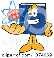 Blue Book Mascot Character Holding An Atom