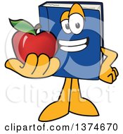 Blue Book Mascot Character Holding Out An Apple