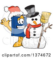 Blue Book Mascot Character Wearing A Christmas Santa Hat And Waving By A Snowman