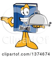 Blue Book Mascot Character Waiter Holding A Cloche Platter