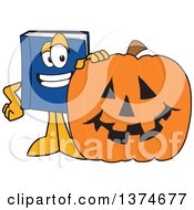 Blue Book Mascot Character With A Halloween Jackolantern Pumpkin