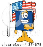 Blue Book Mascot Character Pledging Allegiance By An American Flag