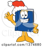 Blue Book Mascot Character Wearing A Christmas Santa Hat And Waving