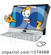 Blue Book Mascot Character Emerging From A Desktop Computer Screen