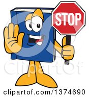 Blue Book Mascot Character Gesturing And Holding A Stop Sign
