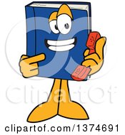 Blue Book Mascot Character Holding And Pointing To A Telephone Receiver