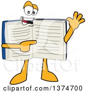 Open Blue Book Mascot Character Waving And Pointing At Text On A Page