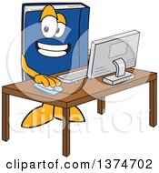Blue Book Mascot Character Using A Desktop Computer