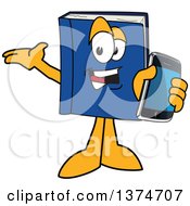 Blue Book Mascot Character Presenting And Holding Out A Smart Phone
