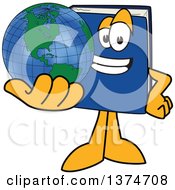 Blue Book Mascot Character Holding Out A Globe