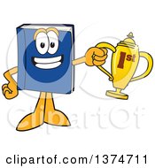 Blue Book Mascot Character Holding A First Place Trophy