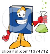 Blue Book Mascot Character Scientist Holding A Bubbly Flask