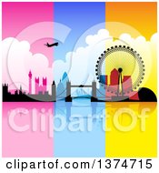 Poster, Art Print Of Silhouetted Airplane Over London With Pink Blue And Orange Panels