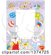 Poster, Art Print Of Purple Vertical Frame With Happy Easter Text Eggs And Rabbits With A Cake