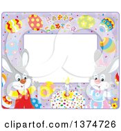 Poster, Art Print Of Purple Horizontal Frame With Happy Easter Text Eggs And Rabbits With A Cake