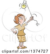 Clipart Of A Cartoon Happy Brunette White Woman Shedding Light On A Subject Royalty Free Vector Illustration by Johnny Sajem