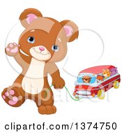 Poster, Art Print Of Cute Bear Cub Walking Upright Waving And Pulling A Toy Car With Animals