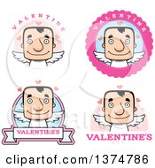 Clipart Of Badges Of A Block Headed White Man Valentine Cupid Royalty Free Vector Illustration