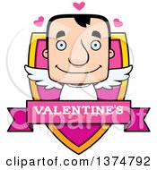 Clipart Of A Block Headed White Man Valentine Cupid Shield Royalty Free Vector Illustration