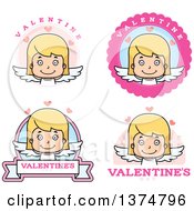 Clipart Of Badges Of A Happy Blond White Girl Cupid Royalty Free Vector Illustration
