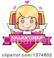 Clipart Of A Happy Blond White Girl Cupid Shield Royalty Free Vector Illustration